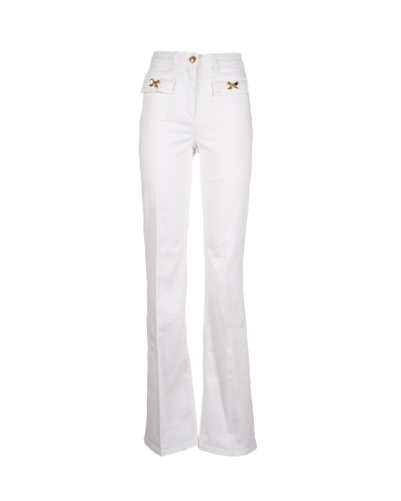 Shop ELISABETTA FRANCHI  Pantalone: Elisabetta Franchi pantaloni in cotone con fiocchi gioiello.
Bottone e fiocchi in metallo dorato con logo.
Taschini con patta.
Tasche applicate sul retro.
Vestibilità aderente.
Composizione: 97%Cotone 03%Elastane.
Made in Italy.. PJ93N51E2-360